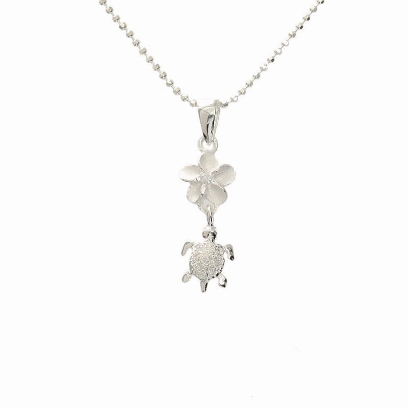 Sterling Silver 6mm Plumeria with CZ and Honu (Hawaiian Turtle) Pendant (Chain Sold Separately)