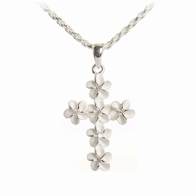 Sterling Silver 6mm Plumeria with CZ Cross Pendant (Chain Sold Separately)