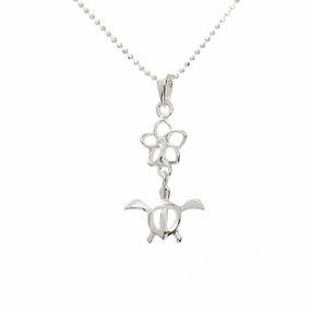 Sterling Silver 8mm Plumeria Outline with CZ and Honu (Hawaiian Turtle) Pendant (Chain Sold Separately)