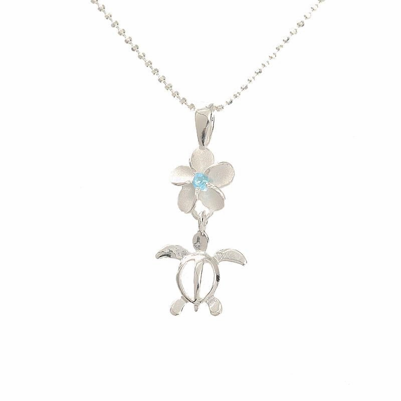 Sterling Silver 8mm Plumeria with Blue CZ and Honu (Hawaiian Turtle) Pendant (Chain Sold Separately)