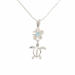 Sterling Silver 8mm Plumeria with Blue CZ and Honu (Hawaiian Turtle) Pendant (Chain Sold Separately)
