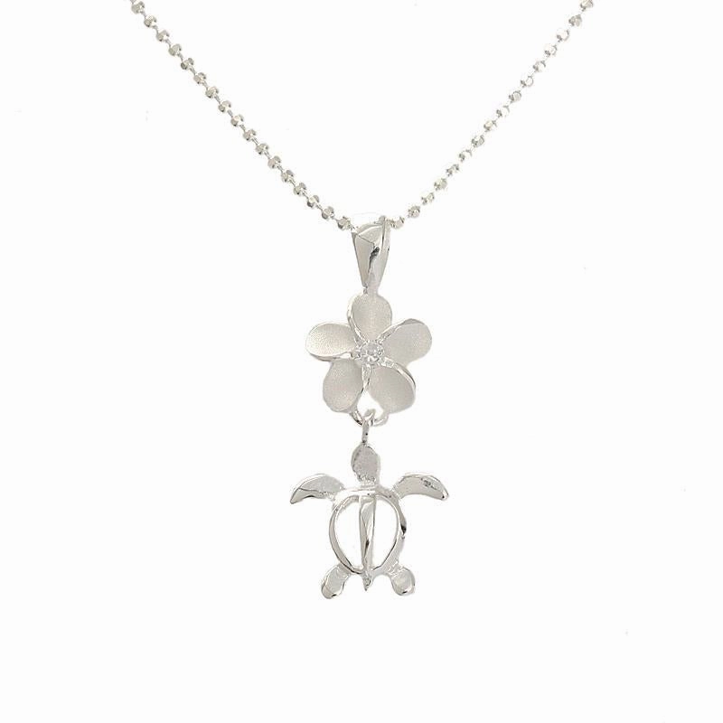 Sterling Silver 8mm Plumeria with CZ and Honu (Hawaiian Turtle) Pendant (Chain Sold Separately)