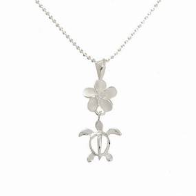Sterling Silver 8mm Plumeria with CZ and Honu (Hawaiian Turtle) Pendant (Chain Sold Separately)