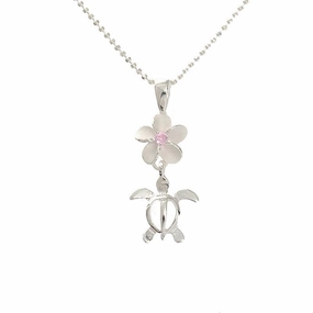 Sterling Silver 8mm Plumeria with Pink CZ and Honu (Hawaiian Turtle) Pendant (Chain Sold Separately)