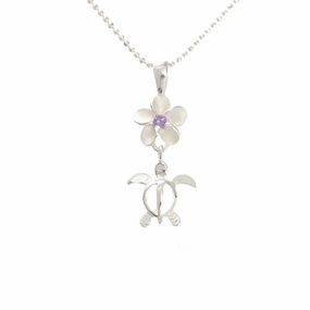 Sterling Silver 8mm Plumeria with Purple CZ and Honu (Hawaiian Turtle) Pendant (Chain Sold Separately)