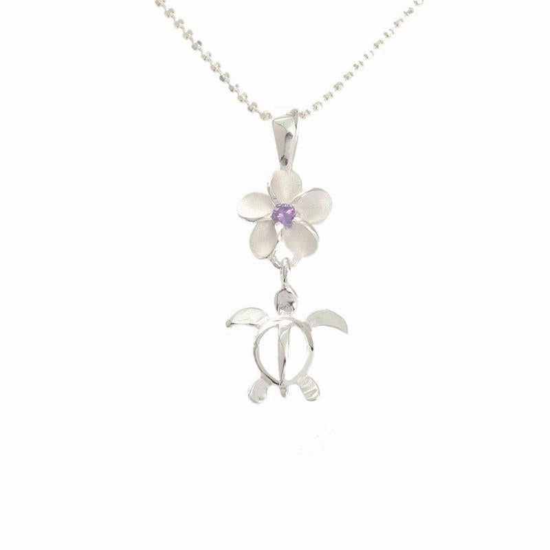 Sterling Silver 8mm Plumeria with Purple CZ and Honu (Hawaiian Turtle) Pendant (Chain Sold Separately)