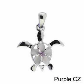 Sterling Silver 8mm Plumeria with Purple CZ in Honu (Hawaiian Turtle) Pendant (Chain Sold Separately)