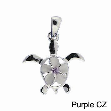 Sterling Silver 8mm Plumeria with Purple CZ in Honu (Hawaiian Turtle) Pendant (Chain Sold Separately)