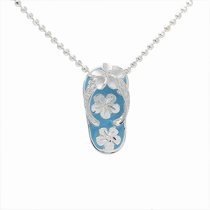 Sterling Silver Blue Enamel Slipper CZ Strap and Plumeria Pendant (Chain Sold Separately)