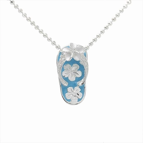 Sterling Silver Blue Enamel Slipper CZ Strap and Plumeria Pendant (Chain Sold Separately)