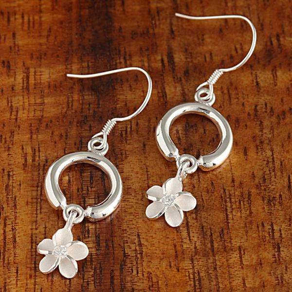 Sterling Silver Circle and Plumeria with CZ Hook Earrings