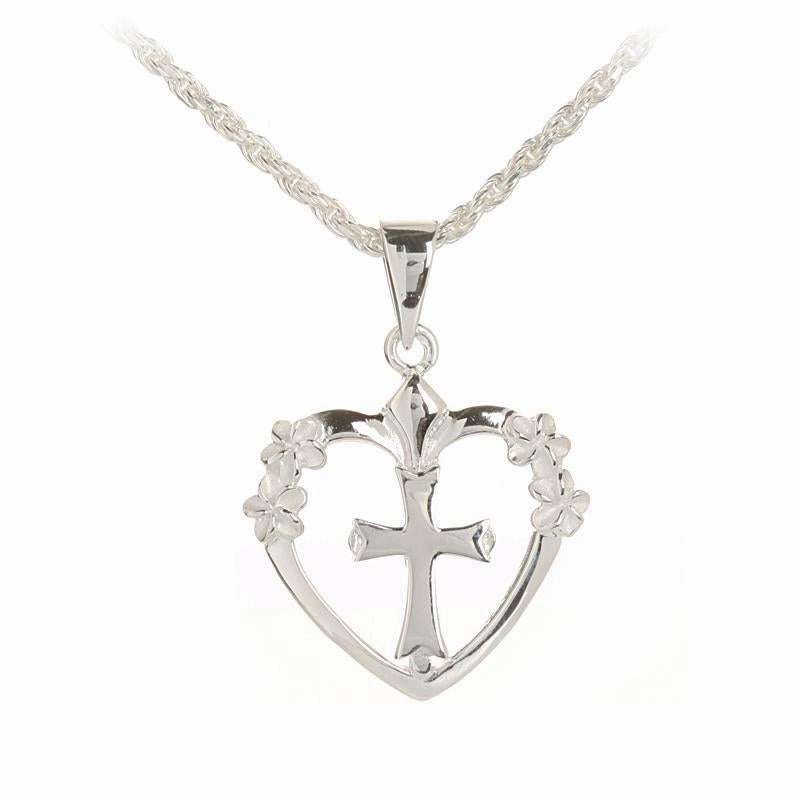 Sterling Silver Cross in Heart with 4 Plumeria Pendant (Chain Sold Separately)