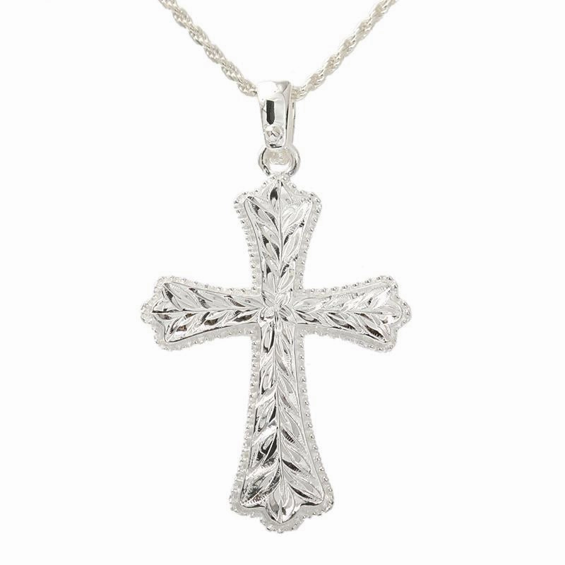 Sterling Silver Cross with Maile Leaf Engraved Pendant (Chain Sold Separately)
