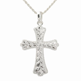 Sterling Silver Cross with Maile Leaf Engraved Pendant (Chain Sold Separately)