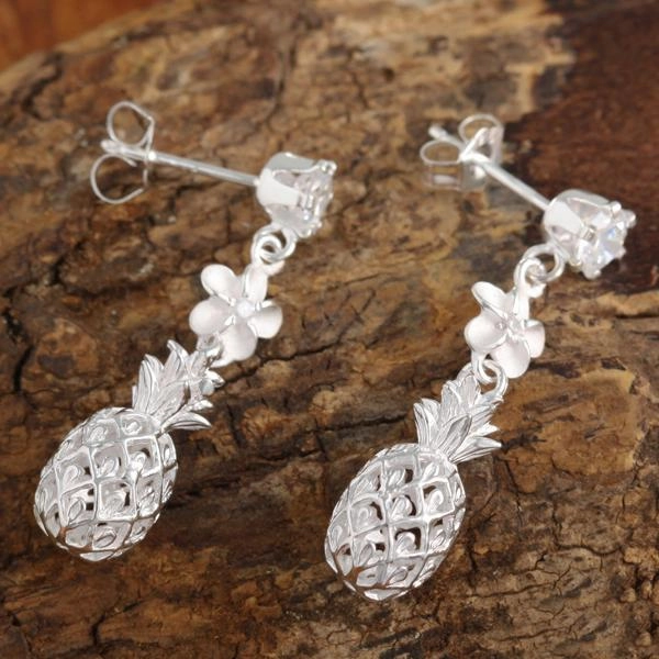 Sterling Silver CZ, 6mm Plumeria and Pineapple Post Earrings