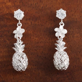 Sterling Silver CZ, 6mm Plumeria and Pineapple Post Earrings