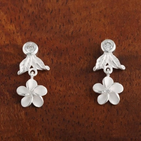 Sterling Silver CZ Leaf and Plumeria Post Earrings
