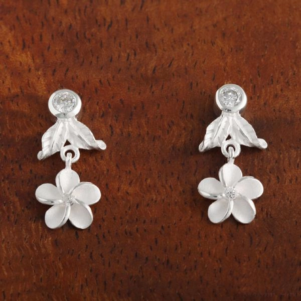 Sterling Silver CZ Leaf and Plumeria Post Earrings