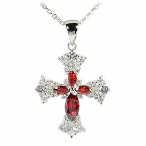 Sterling Silver Dark Red and Clear CZ Cross Pendant (Chain Sold Separately)
