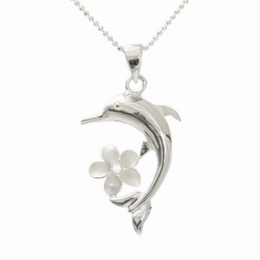 Sterling Silver Dolphin and Plumeria with CZ Pendant (Chain Sold Separately)