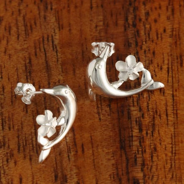 Sterling Silver Dolphin and Plumeria with CZ Post Earrings
