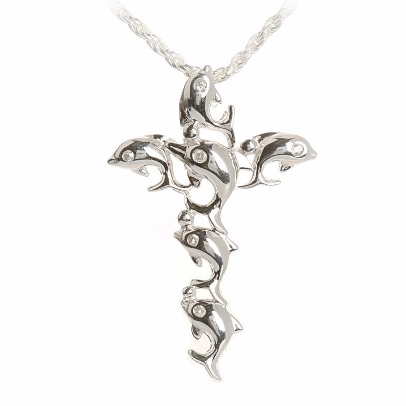 Sterling Silver Dolphin with CZ Cross Pendant (Chain Sold Separately)