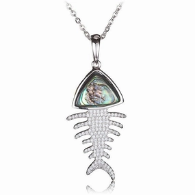 Sterling Silver Fish Bone Pave CZ with Abalone Inlaid Pendant (Chain Sold Separately)