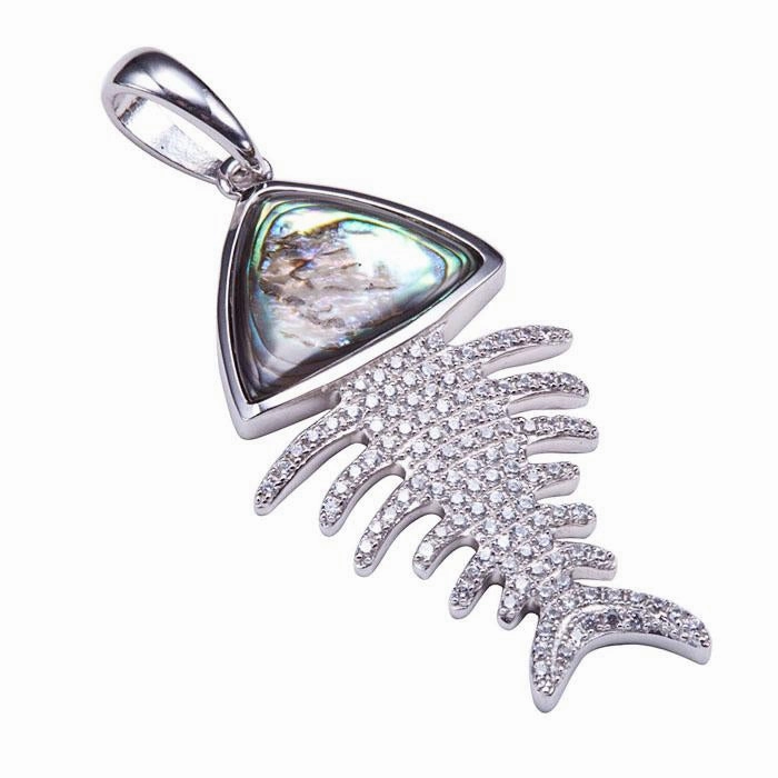 Sterling Silver Fish Bone Pave CZ with Abalone Inlaid Pendant (Chain Sold Separately)