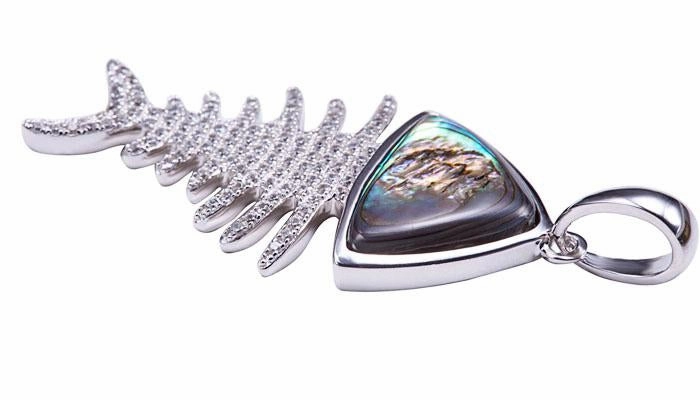 Sterling Silver Fish Bone Pave CZ with Abalone Inlaid Pendant (Chain Sold Separately)