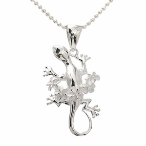 Sterling Silver Gecko with Plumeria Lei Pendant (Chain Sold Separately)
