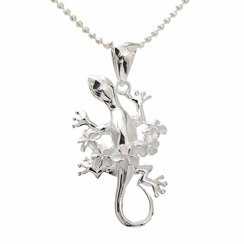 Sterling Silver Gecko with Plumeria Lei Pendant (Chain Sold Separately)