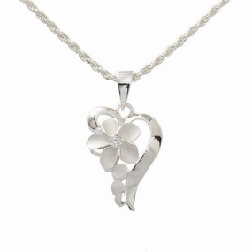 Sterling Silver Half Heart Plumeria with CZ Pendant (Chain Sold Separately)