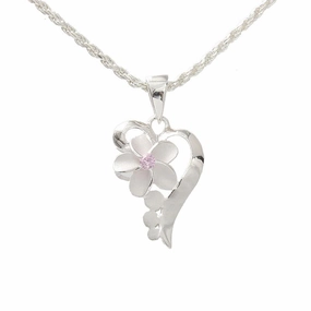 Sterling Silver Half Heart Plumeria with Pink CZ Pendant (Chain Sold Separately)