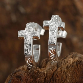 Sterling Silver Hawaiian Scroll Cross Circle Post Earrings