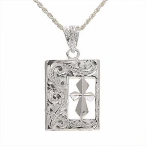 Sterling Silver Hawaiian Scroll Cross in Plate Pendant (Chain Sold Separately)
