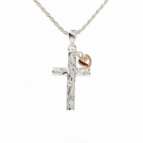 Sterling Silver Hawaiian Scroll Cross with Pink Gold Plated Heart Pendant (Chain Sold Separately