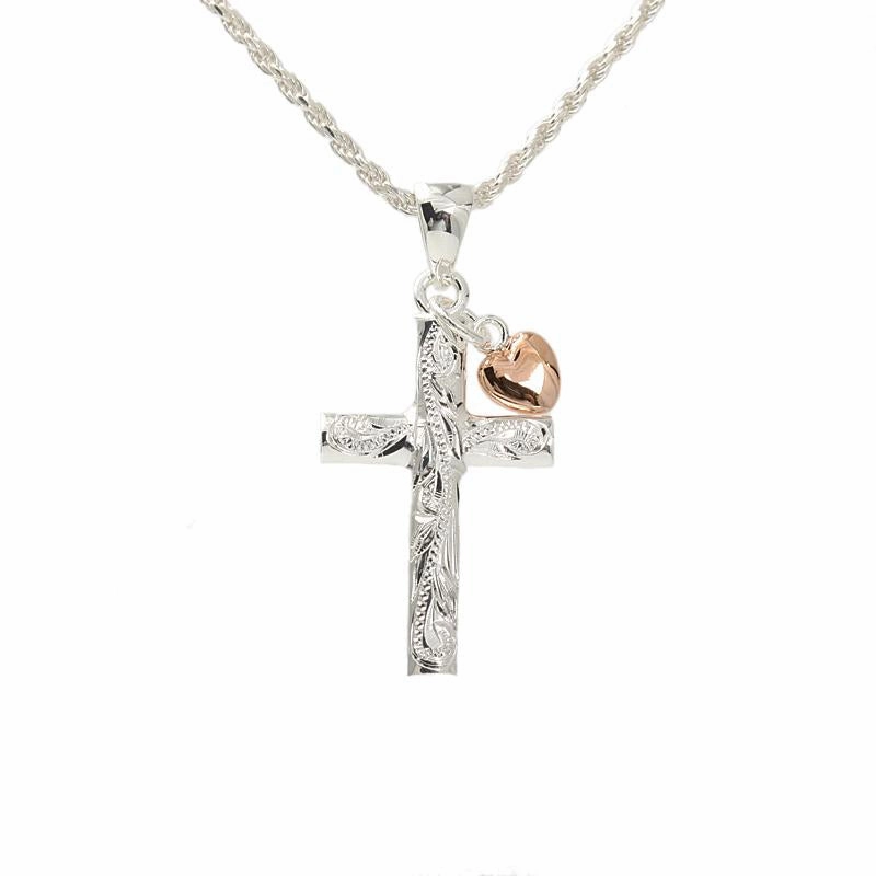 Sterling Silver Hawaiian Scroll Cross with Pink Gold Plated Heart Pendant (Chain Sold Separately