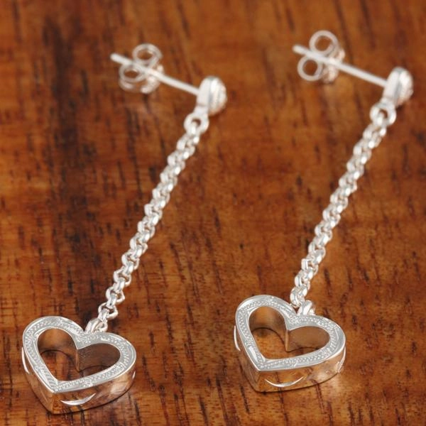 Sterling Silver Hawaiian Scroll Heart-Chain-Heart Post Earrings
