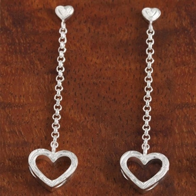 Sterling Silver Hawaiian Scroll Heart-Chain-Heart Post Earrings