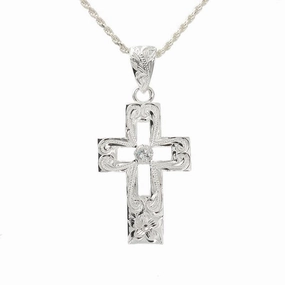 Sterling Silver Hawaiian Scroll Hollow Cross with CZ Pendant (Chain Sold Separately)