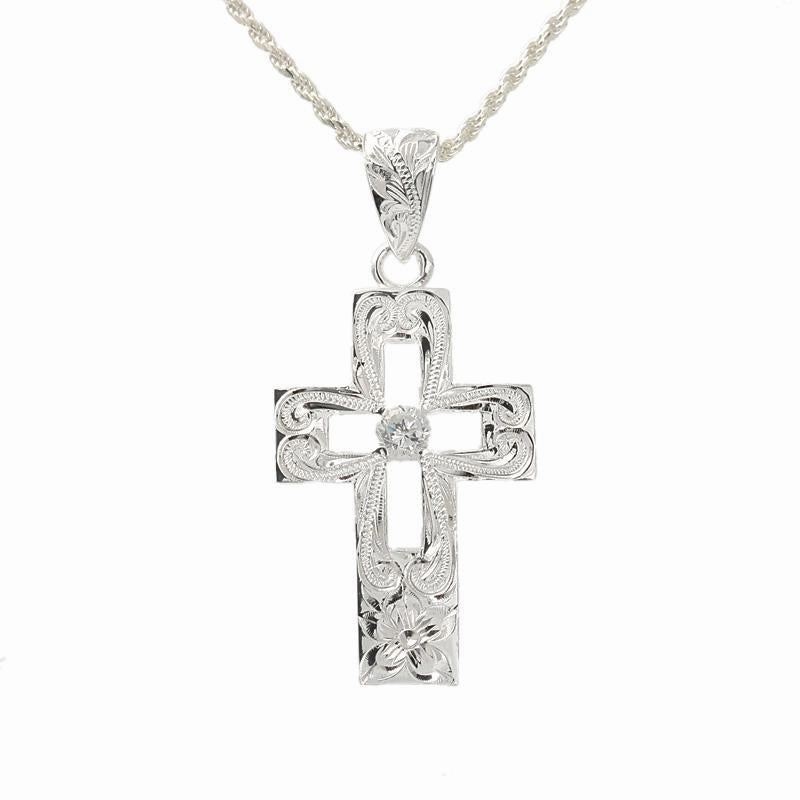 Sterling Silver Hawaiian Scroll Hollow Cross with CZ Pendant (Chain Sold Separately)