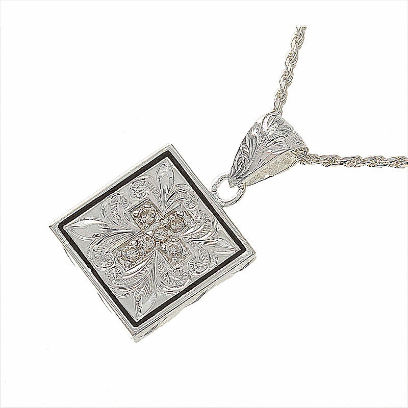 Sterling Silver Hawaiian Scroll Square with CZ and Black Border Pendant (Chain Sold Separately)