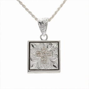 Sterling Silver Hawaiian Scroll Square with CZ and Black Border Pendant (Chain Sold Separately)