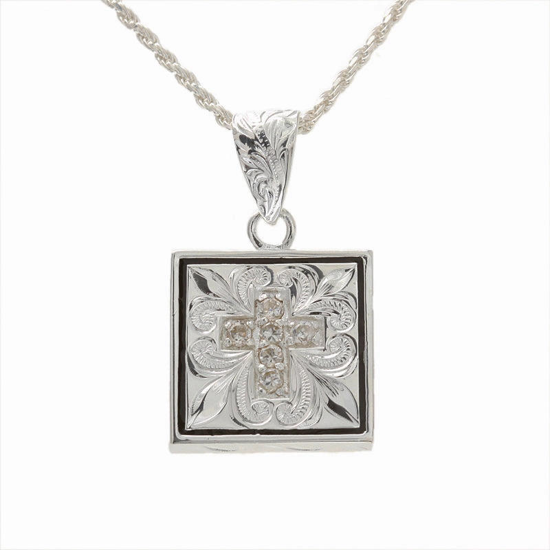 Sterling Silver Hawaiian Scroll Square with CZ and Black Border Pendant (Chain Sold Separately)
