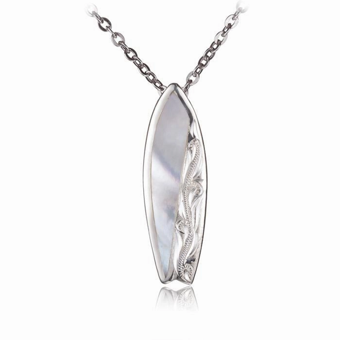 Sterling Silver Hawaiian Scroll Surfboard with Mother-of-Pearl Inlaid Pendant (Chain Sold Separately)
