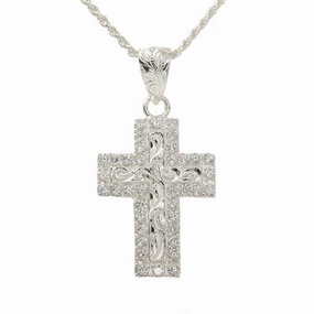 Sterling Silver Hawaiian Scroll with CZ Border Cross Pendant (Chain Sold Separately)