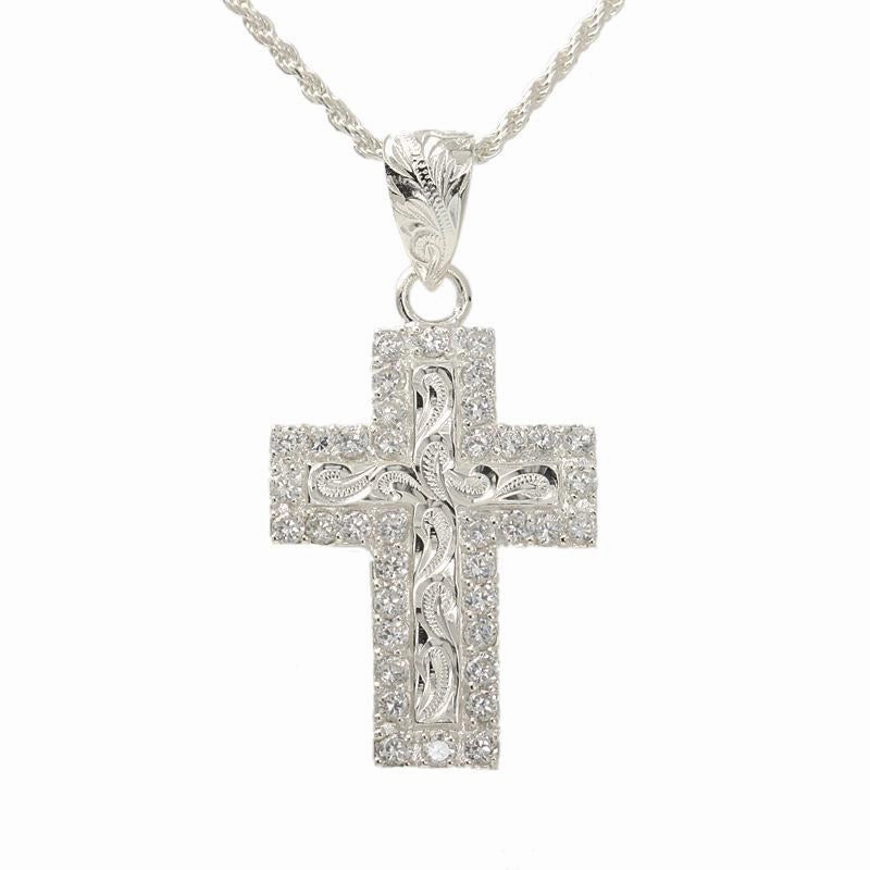 Sterling Silver Hawaiian Scroll with CZ Border Cross Pendant (Chain Sold Separately)