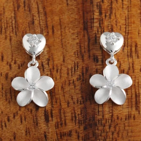 Sterling Silver Heart with CZ and 10mm Plumeria Post Earrings