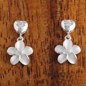 Sterling Silver Heart with CZ and 10mm Plumeria Post Earrings