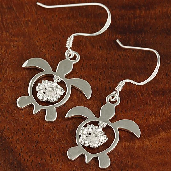 Sterling Silver Hibiscus in Honu (Hawaiian Turtle) Hook Earrings